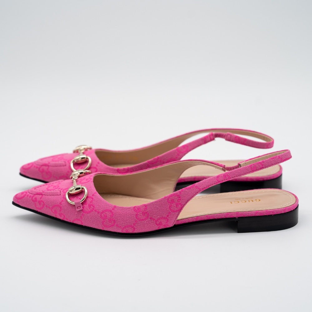 size 39.5G 9.5 US Gucci Horsebit Slingback Flat Pink GG Canvas - Picture 4 of 13